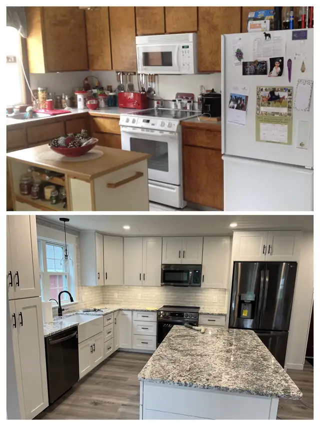 Before and after kitchen remodel: dated oak cabinets replaced with white cabinets and a granite island